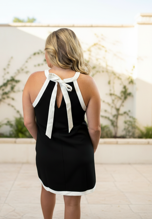 Black Sheath Mini Dress with White Contrast Halter Trim - Jolie Femme Boutique