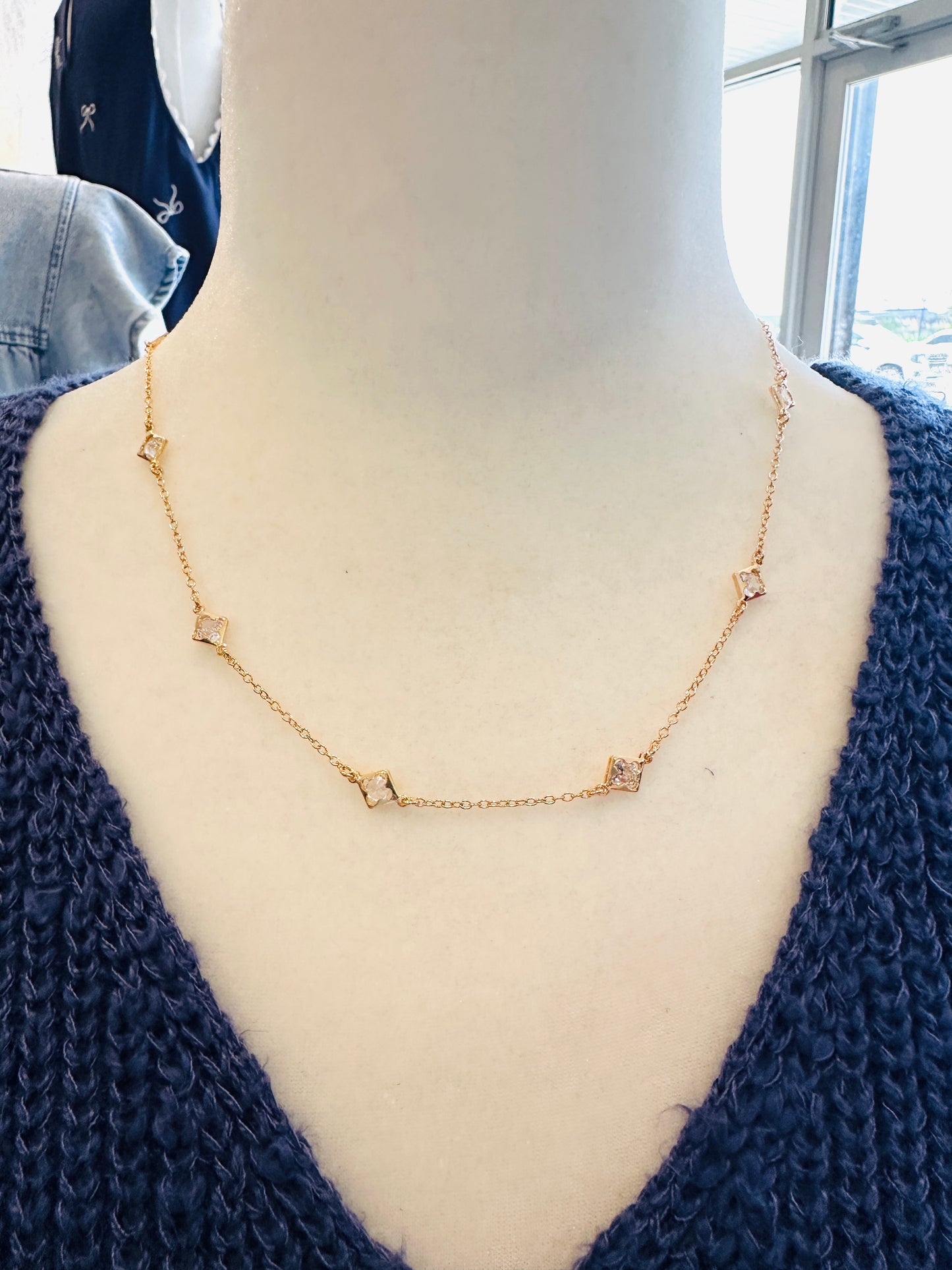 Dainty Chain W/ Rhinestone Clover Necklace
