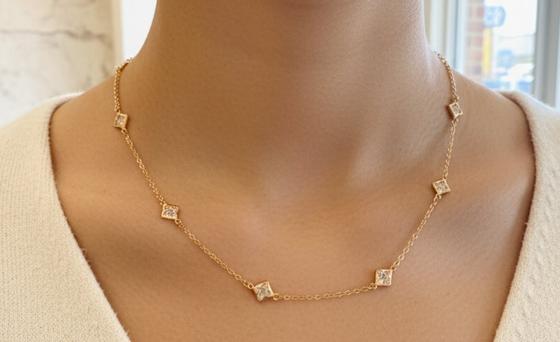 Dainty Chain W/ Rhinestone Clover Necklace - Jolie Femme Boutique