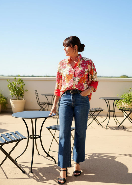 Red Floral Button Up Top