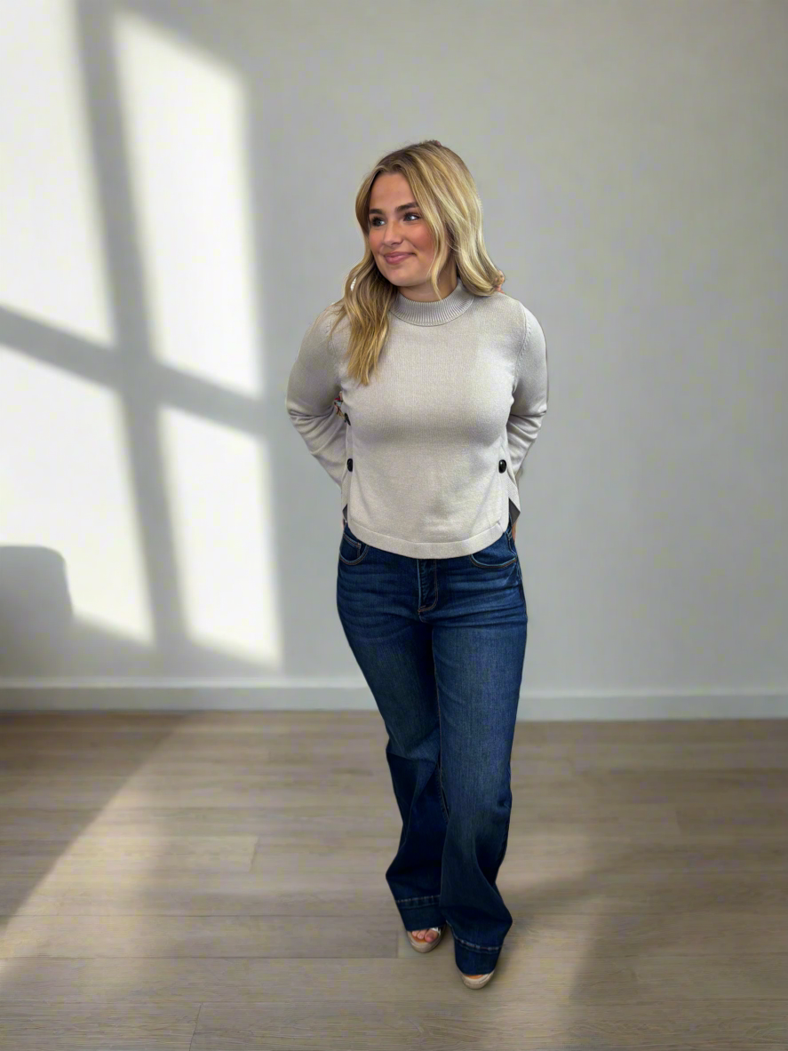 Side Button-Up Detailed Crew Neck Sweater