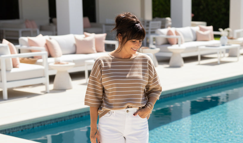 Taupe/White Stripe Short Sleeve Top - Jolie Femme Boutique