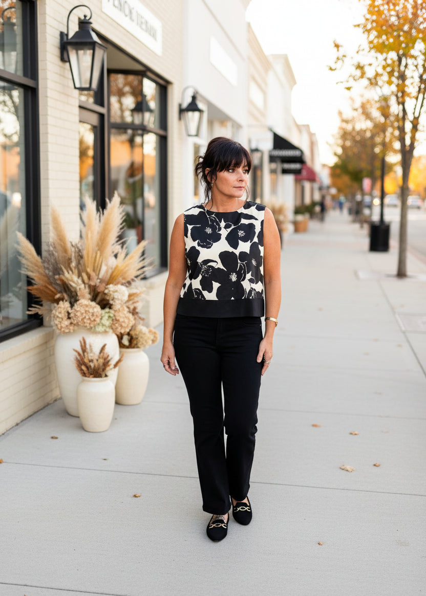 Black & White Floral Sleeveless Crop Top