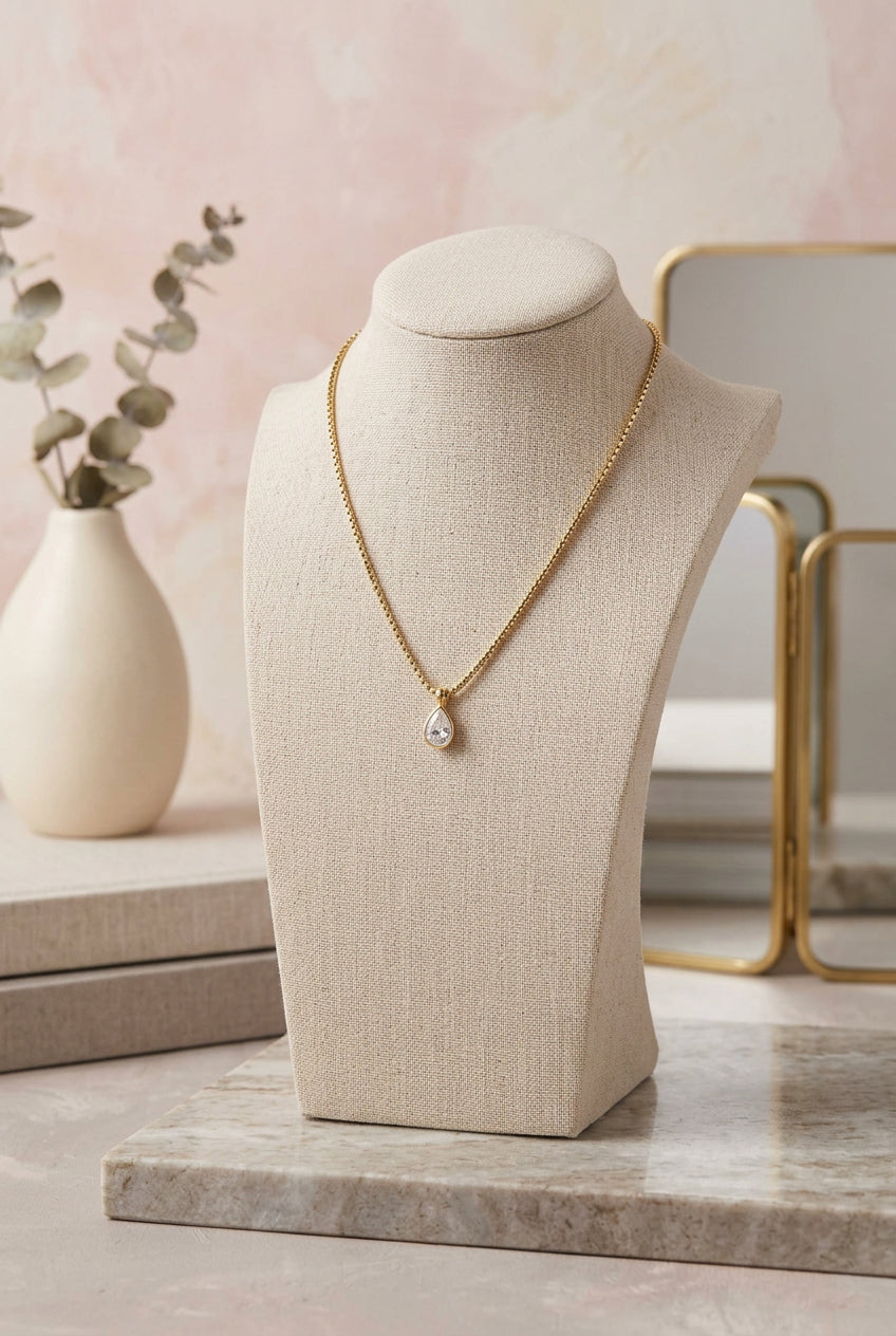 Gold Box Chain Teardrop Rhinestone Necklace