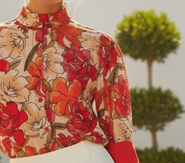 Red Floral Blouse With Ruffle Neckline - Jolie Femme Boutique