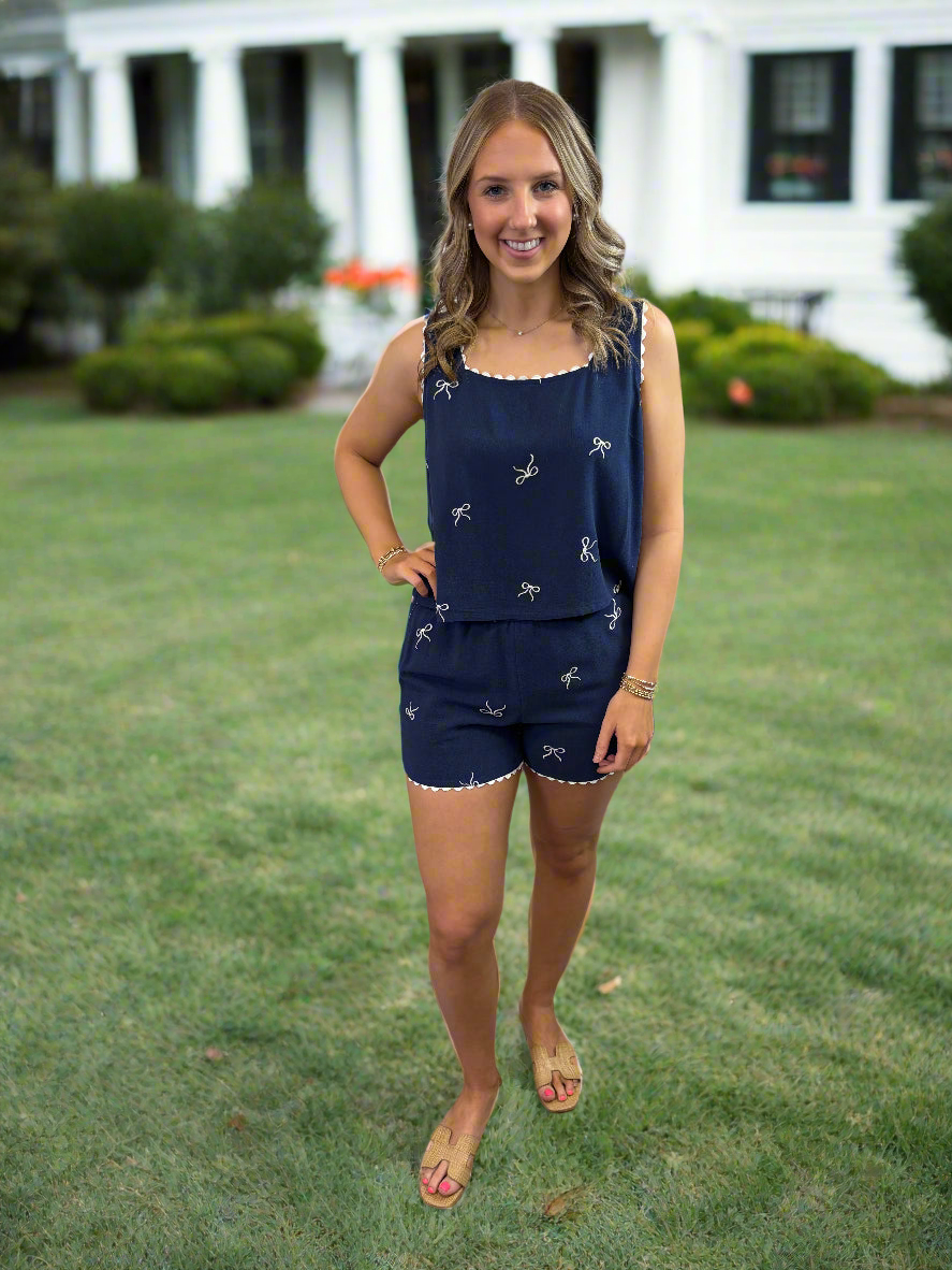 Ribbon Embroidered Linen Square Neck Top