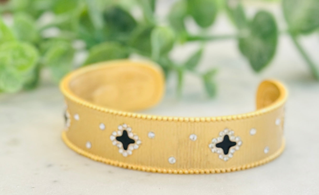 Matte Gold Cuff W/ Clover Accent