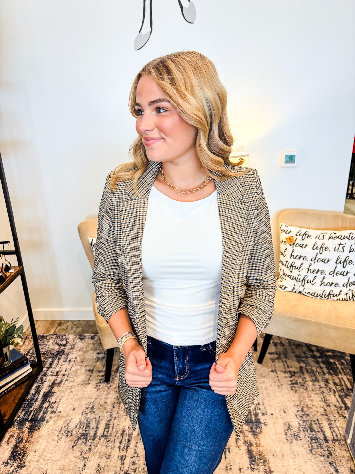 Plaid Ruched Sleeve Blazer