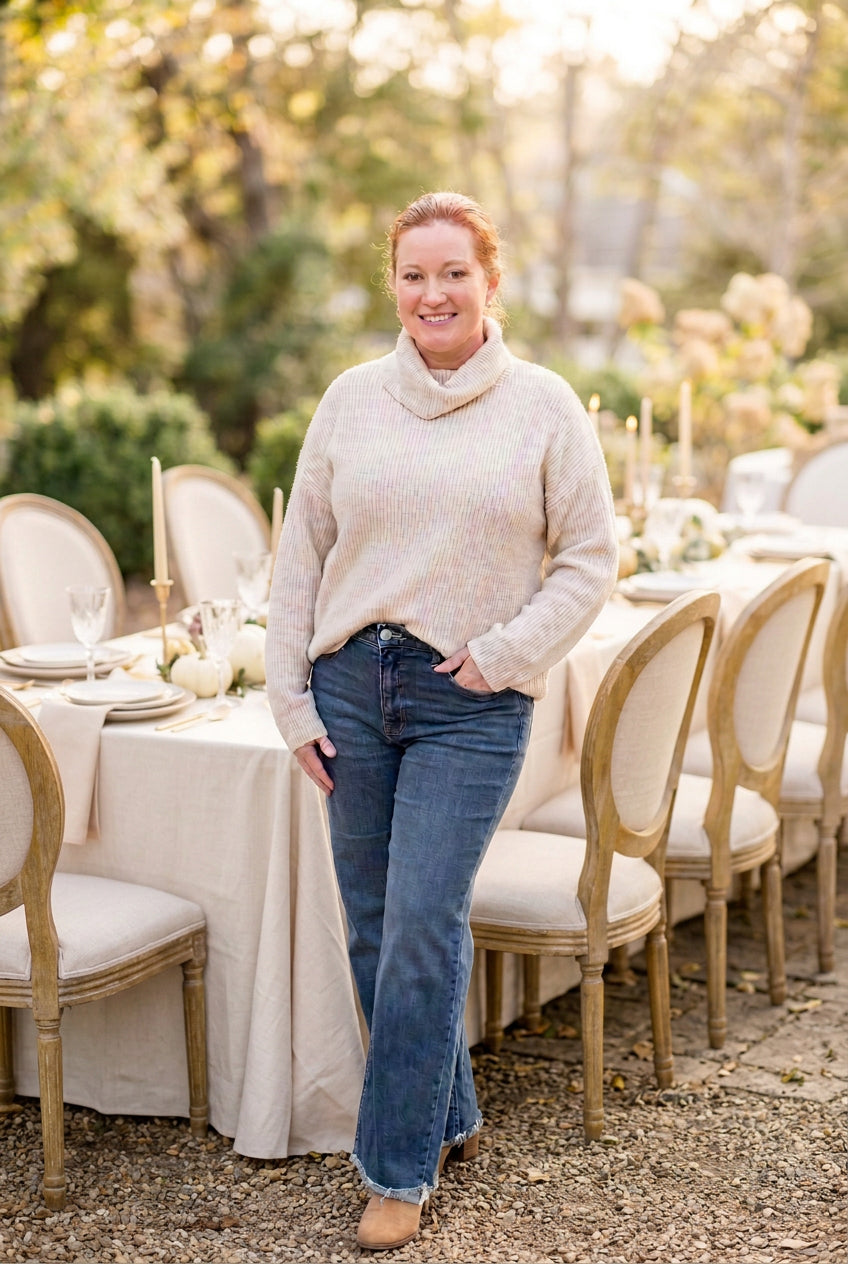 Be Cool oatmeal ribbed turtleneck long sleeve sweater displayed on a hanger with a cozy, fitted design and textured knit fabric.
