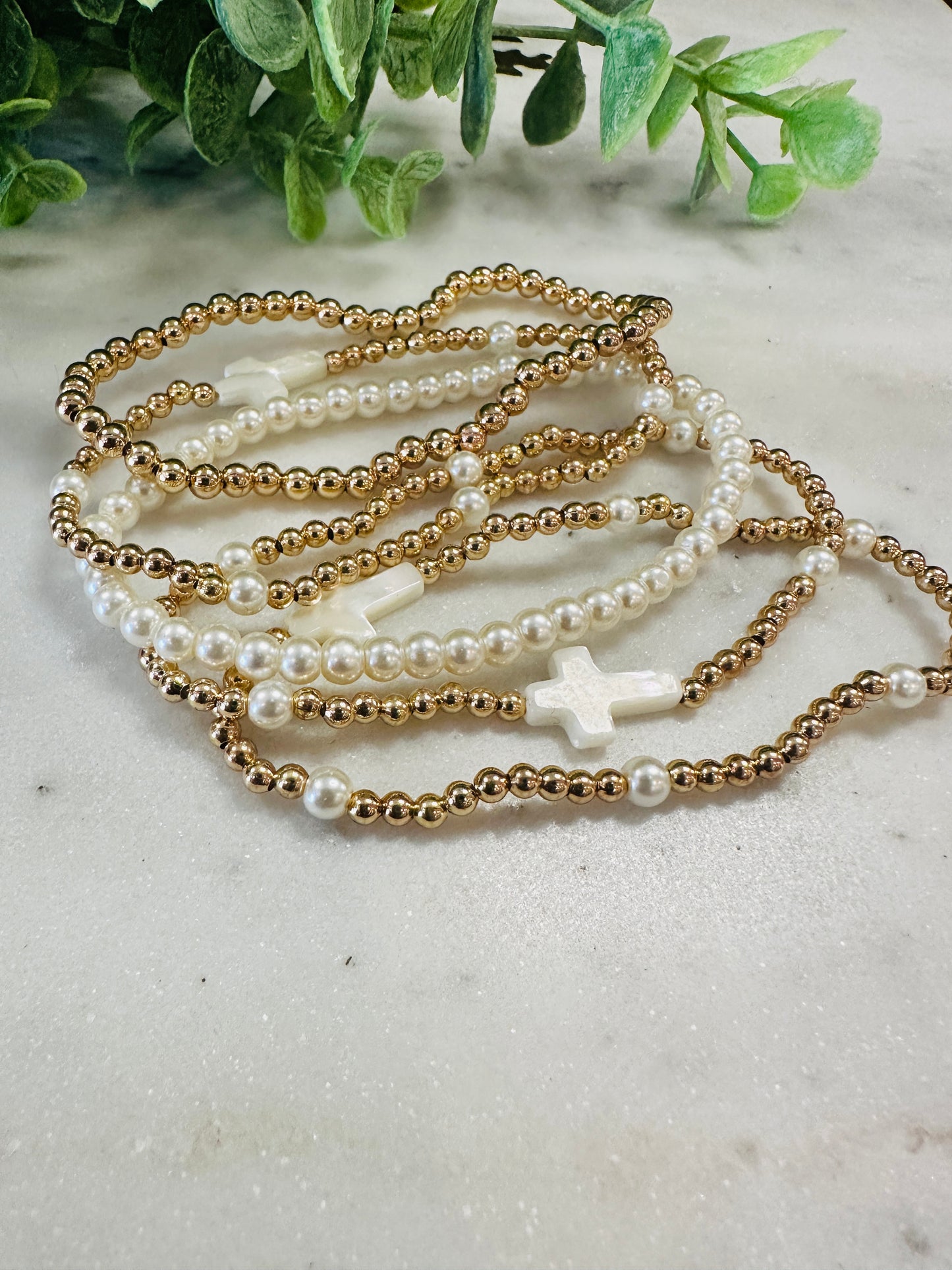 Pearl and Gold Beaded Cross Bracelet Stack