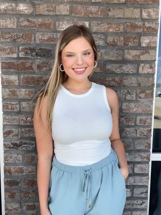 Ribbed Sleeveless Bodysuit White - Jolie Femme Boutique