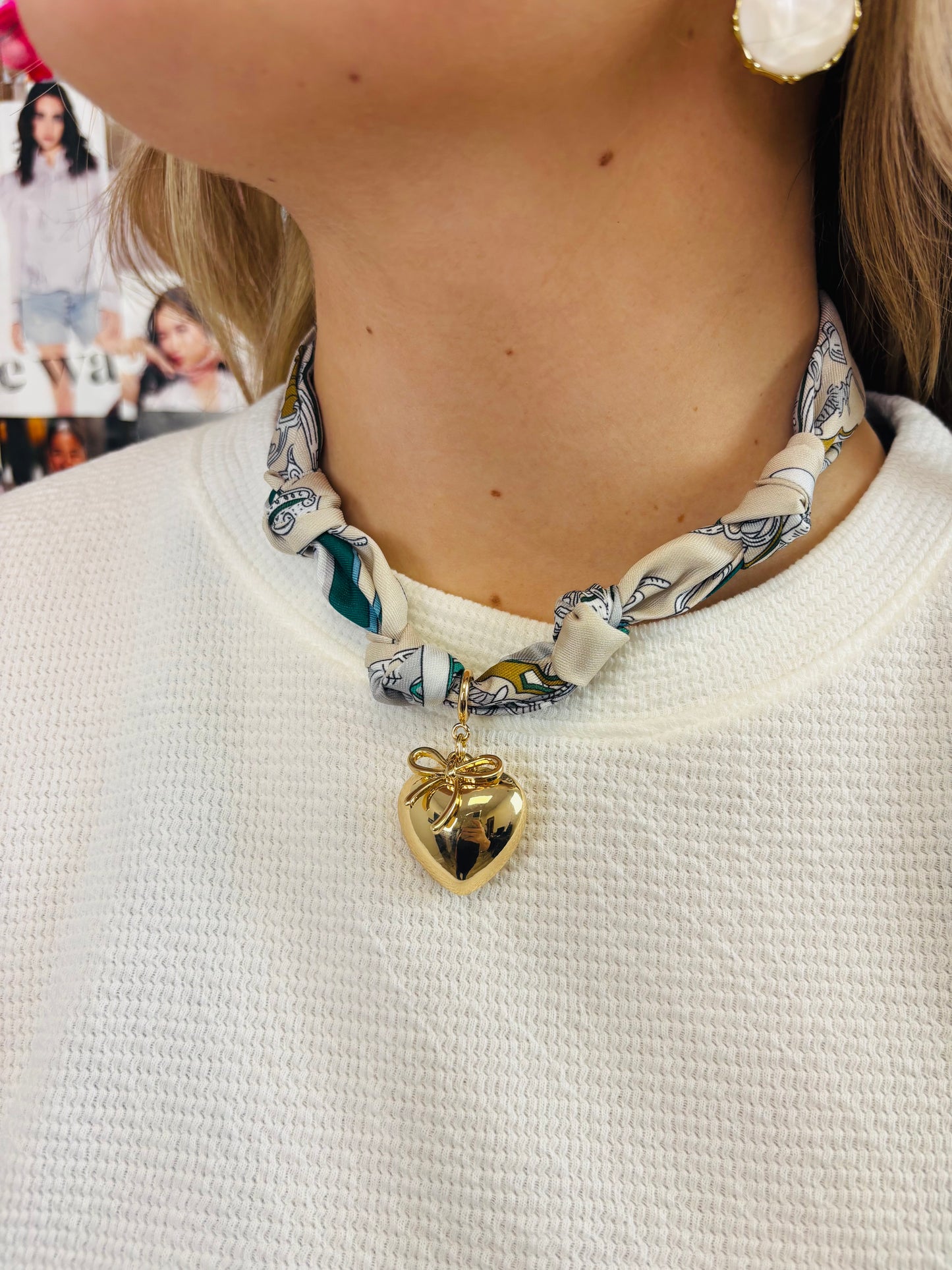 Beige/Turquoise Scarf Necklace W/Heart & Bow Charm - Jolie Femme Boutique