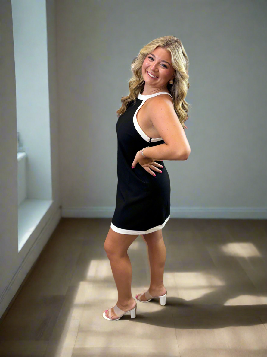 Black Sheath Mini Dress with White Contrast Halter Trim - Jolie Femme Boutique