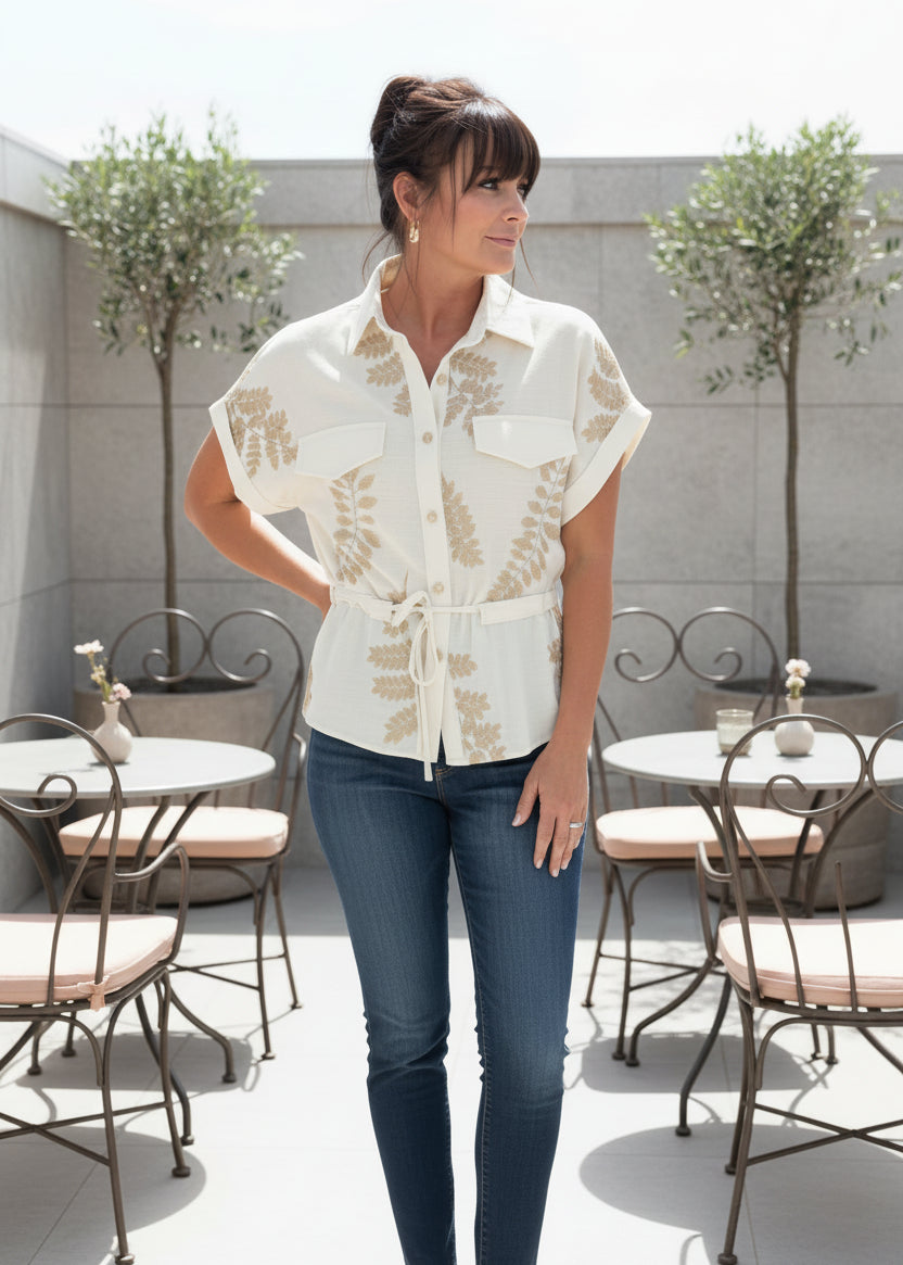 Beige Blouse with Gold Foilage Print - Jolie Femme Boutique
