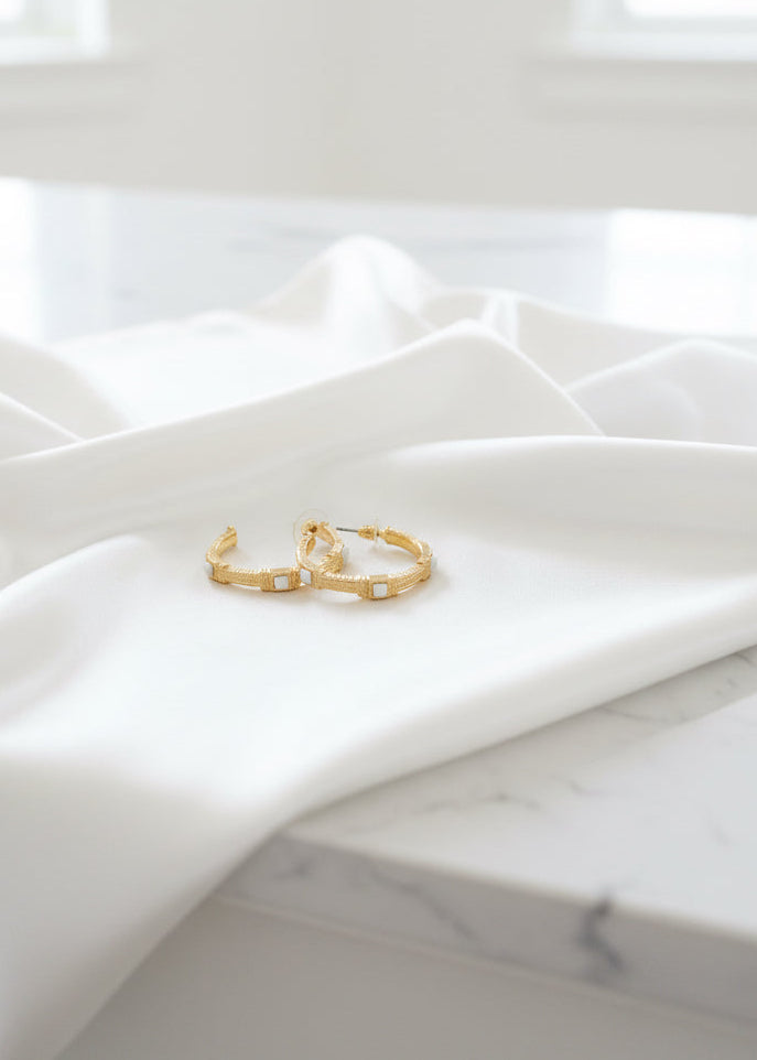 14K Gold Plated Textured Pearl Hoop Earring