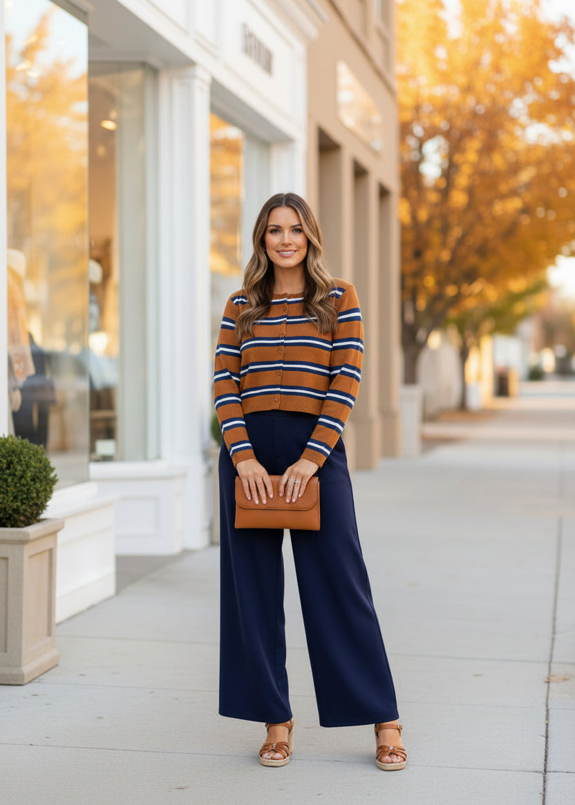 Camel Striped Crewneck Cardigan