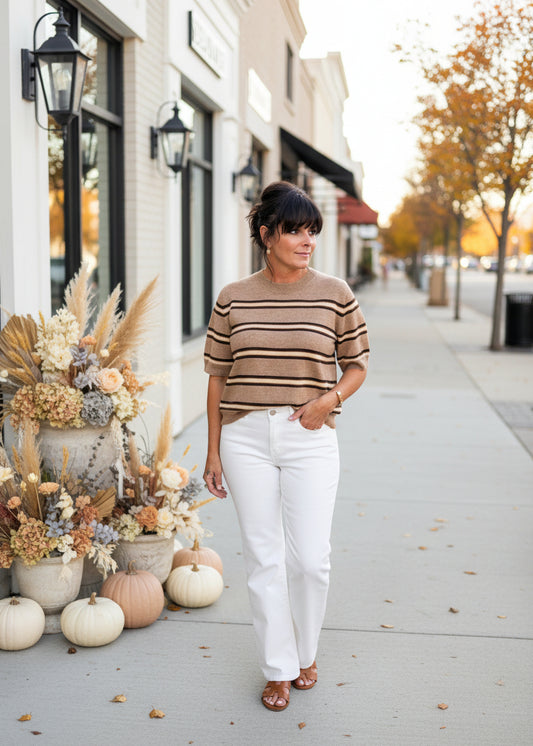 Latte Striped Short Sleeve Knit Top