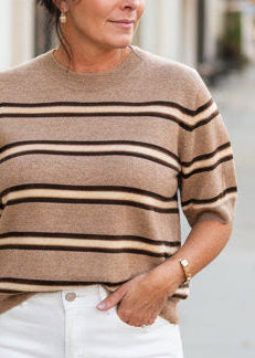 Latte Striped Short Sleeve Knit Top