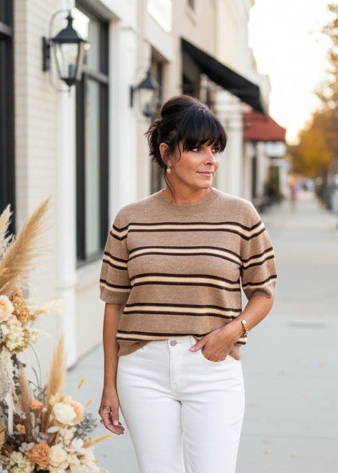 Latte Striped Short Sleeve Knit Top