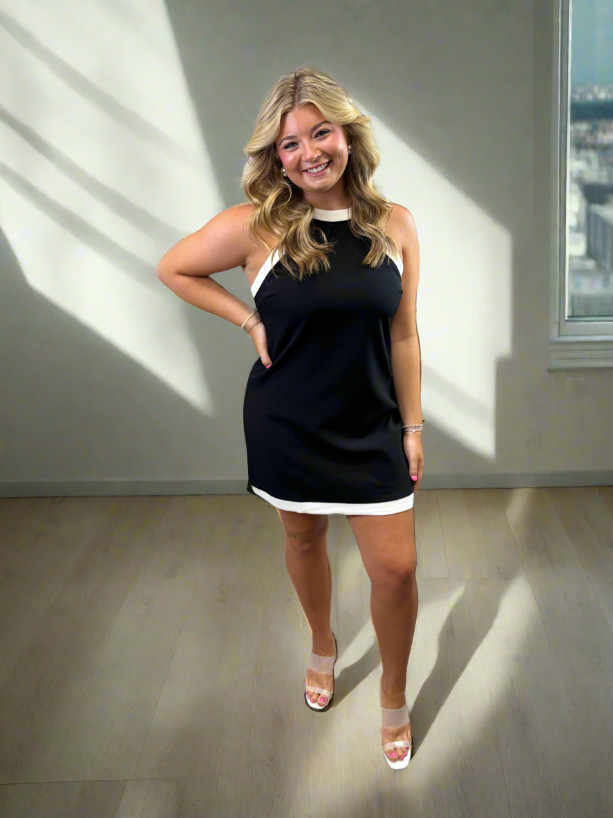 Black Sheath Mini Dress with White Contrast Halter Trim - Jolie Femme Boutique