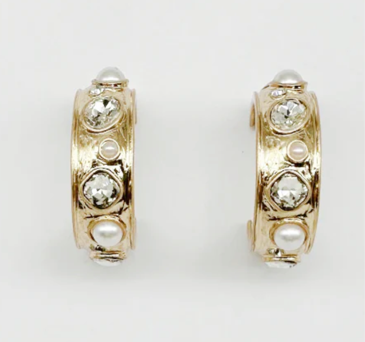 Gold Hoop with Clear Crystal & Pearl Earring - Jolie Femme Boutique