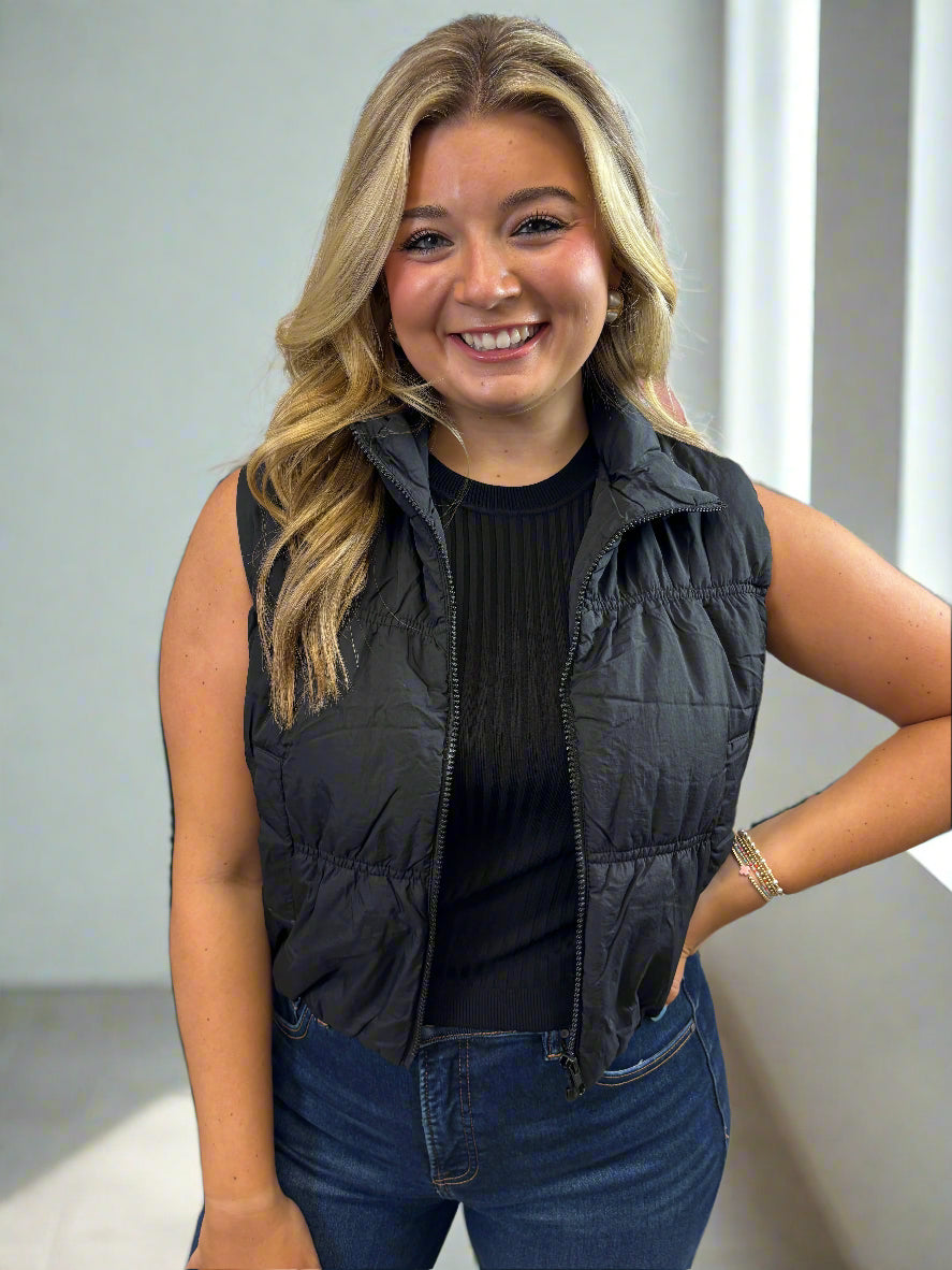 Black Zip Up Crop Puffer Vest - Jolie Femme Boutique