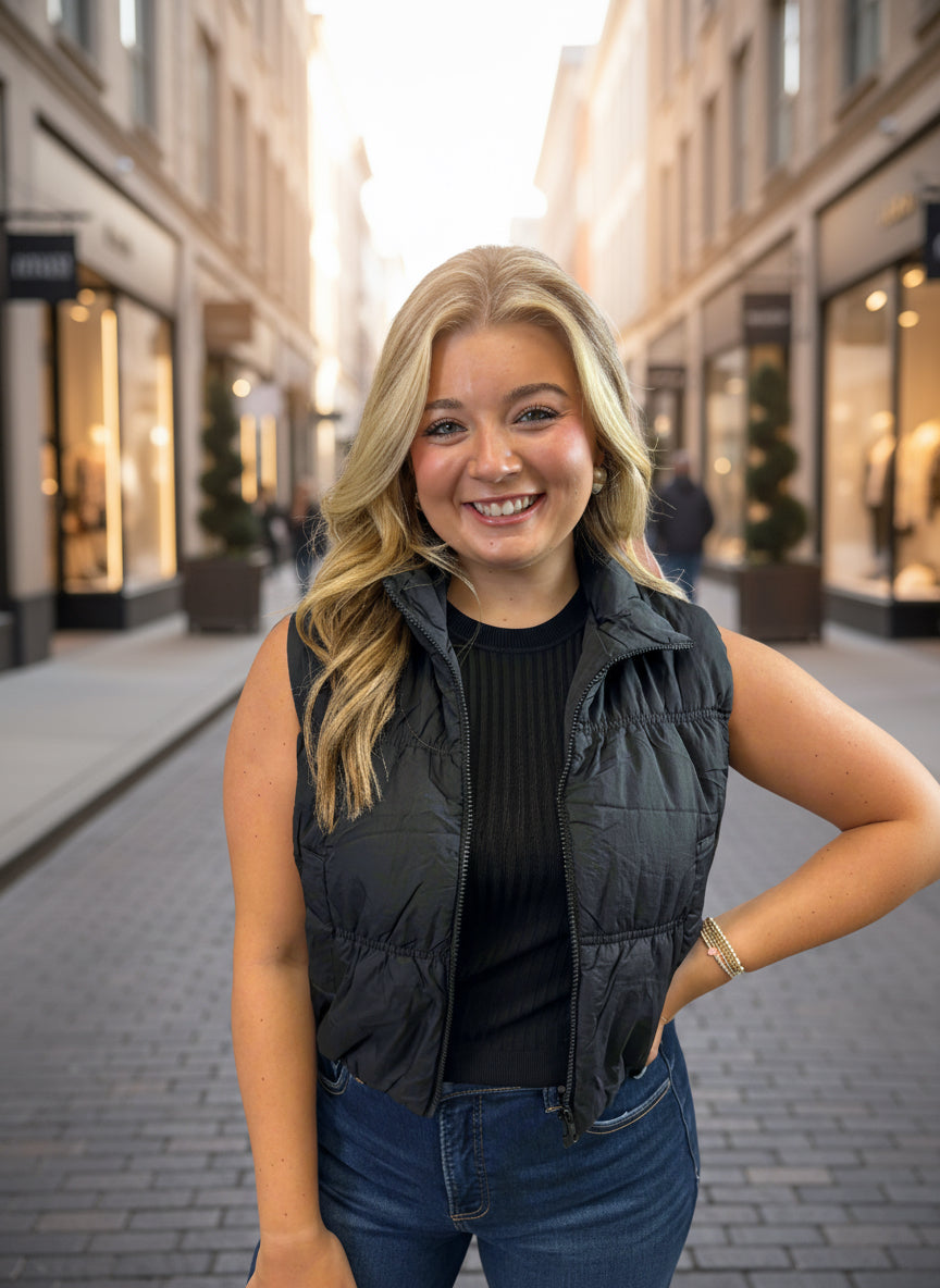 Black Zip Up Crop Puffer Vest - Jolie Femme Boutique