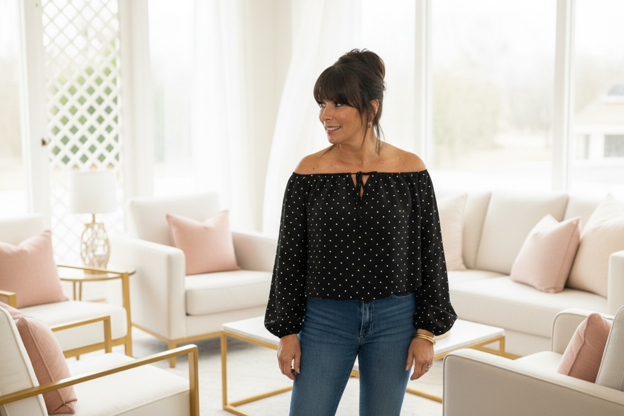 Black Polka Dot Off-Shoulder Top - Jolie Femme Boutique