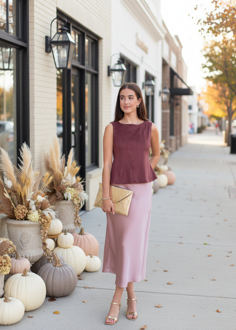 Mahogany Faux Suede Peplum Top