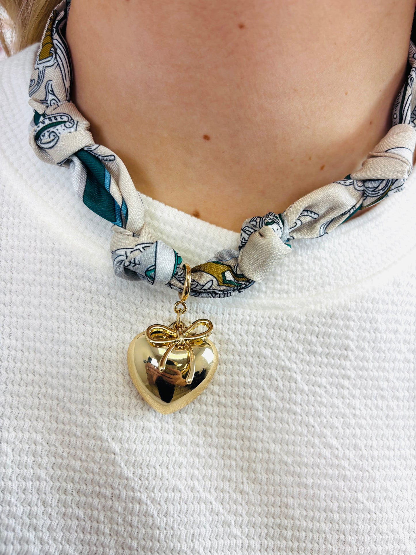 Beige/Turquoise Scarf Necklace W/Heart & Bow Charm - Jolie Femme Boutique