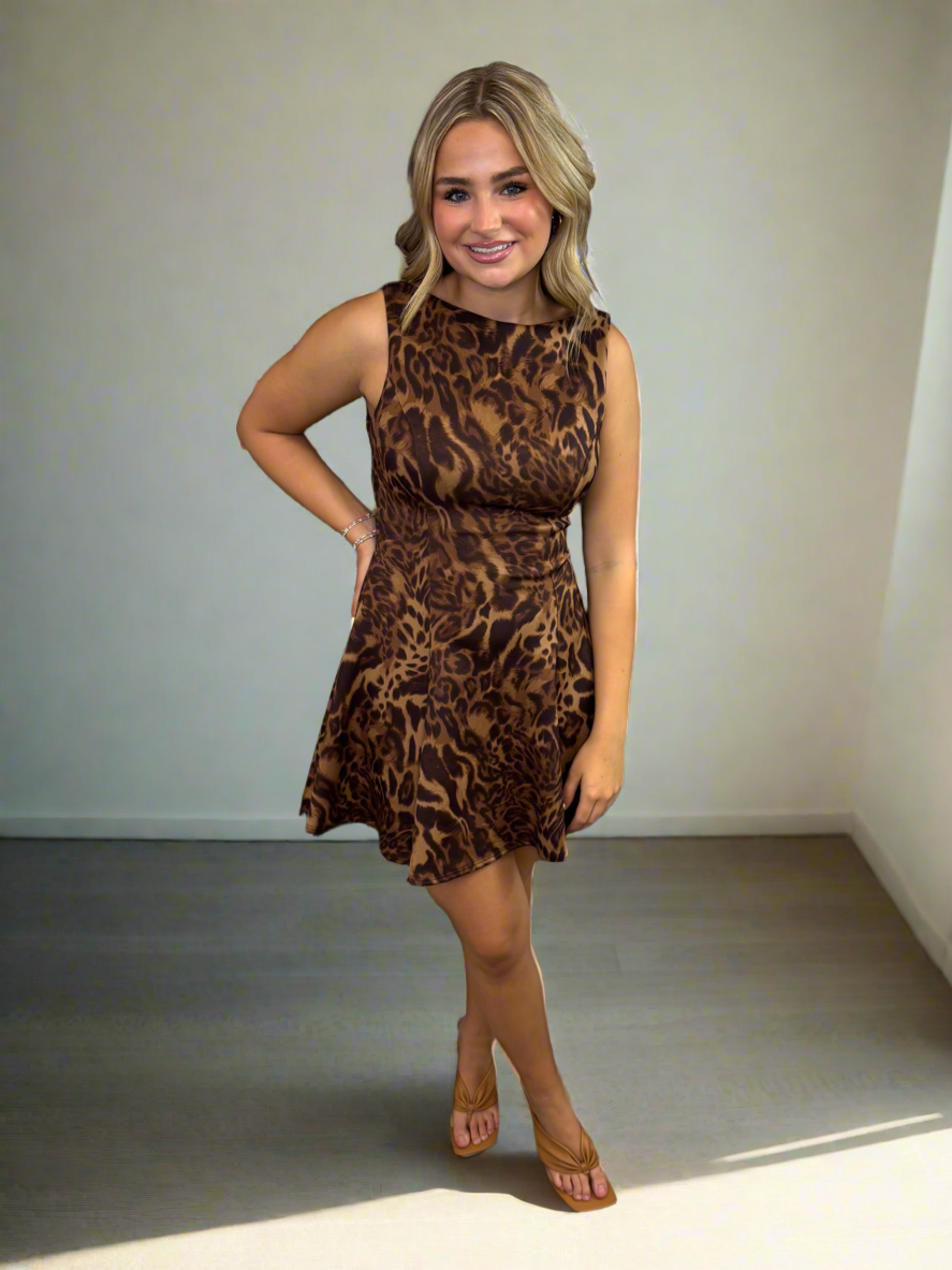 Leopard Print Skater Skirt Dress - Jolie Femme Boutique