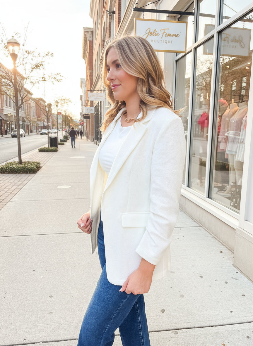 White Textured Open Front Blazer - Jolie Femme Boutique