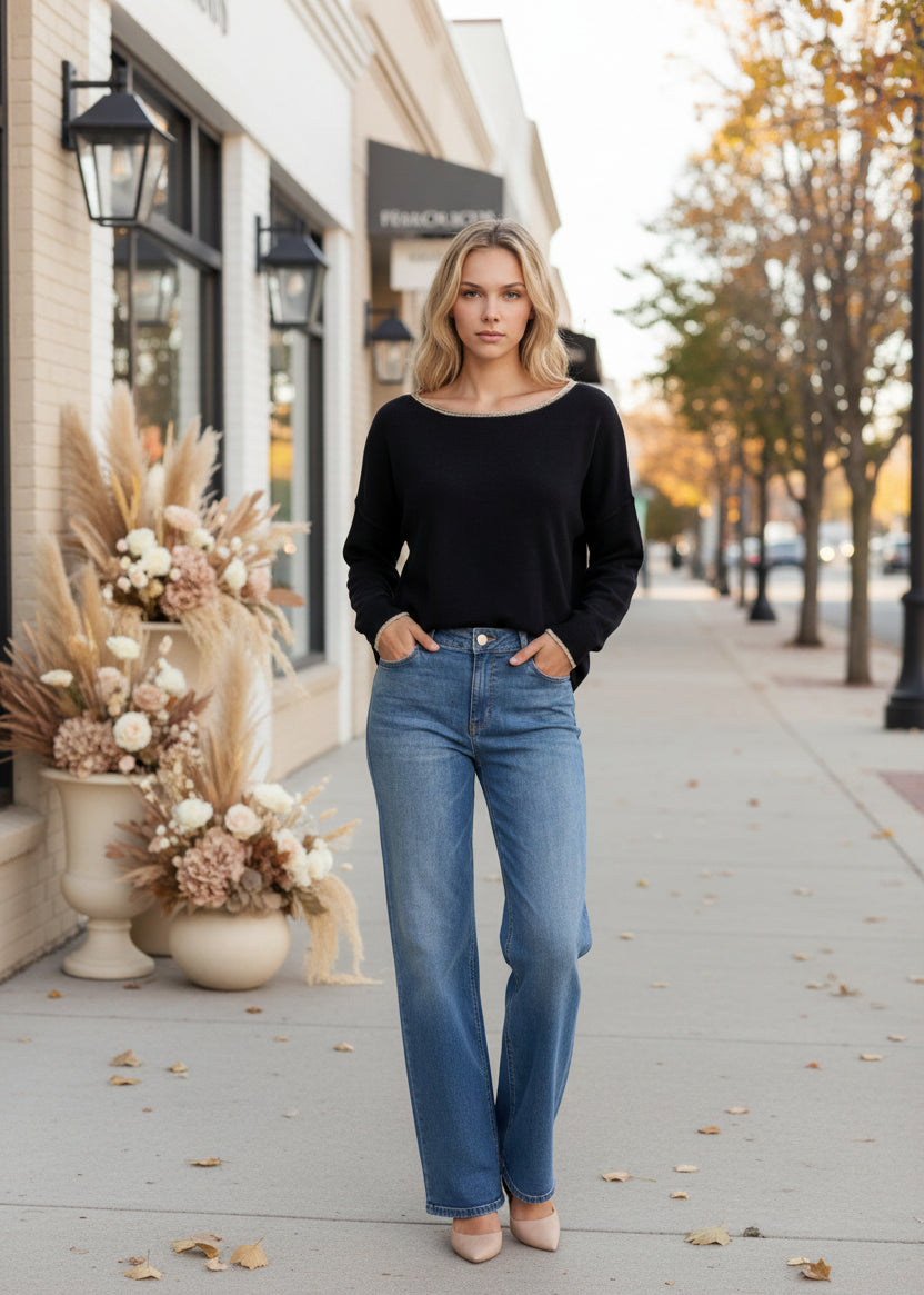 Black Contrast Trim Boat Neck Sweater