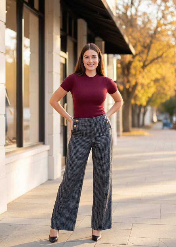 Navy Grid Print Wide Leg Pant
