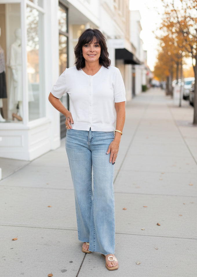 White Round Neck Button Down Cardigan
