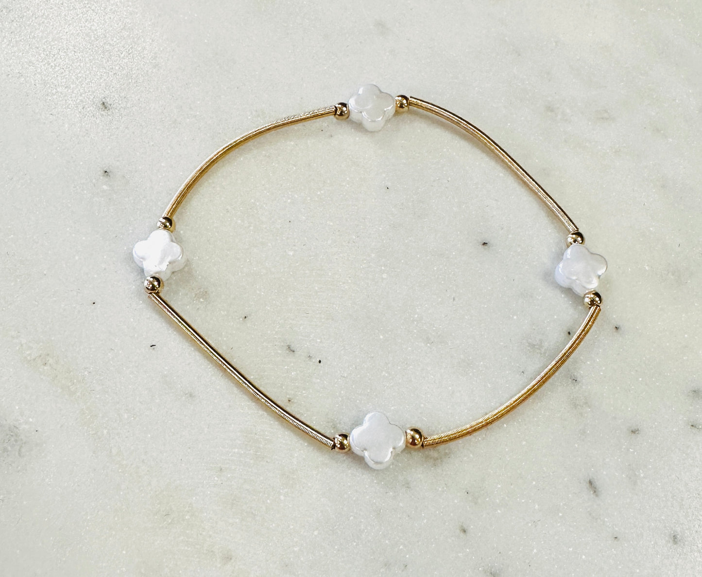 Gold Stretch Bracelet W/ Pearl Clover Accent - Jolie Femme Boutique