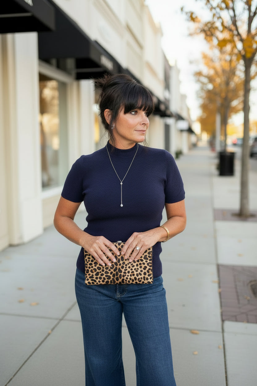Navy Ribbed Mock Neck Top