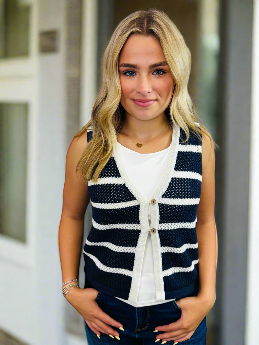 Stripe Button Front Vest Top- Navy