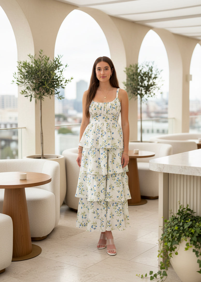 Blue floral ruffle tiered midi dress by Blu Pepper, featuring a flowy silhouette and feminine ruffle details.
