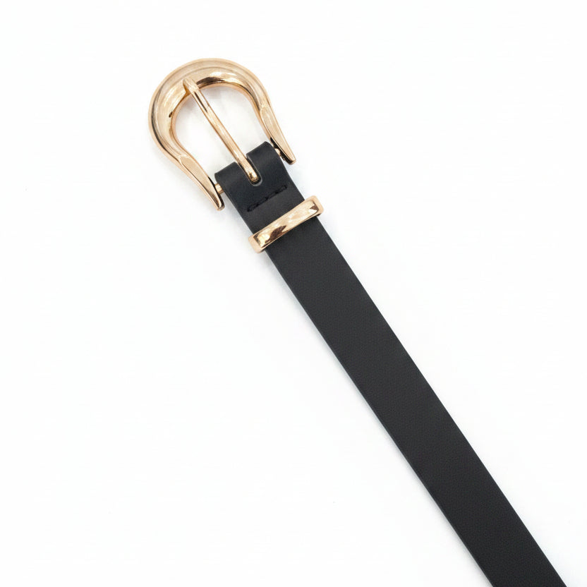 Black Vegan Leather Belt with Gold Round Buckle