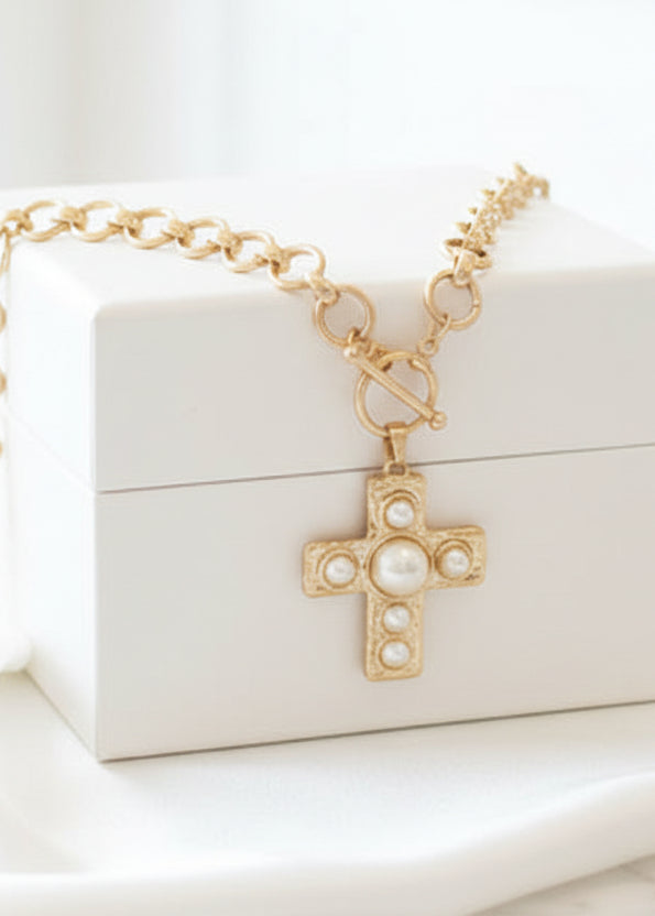 14K Gold Plated Ornate Pearl Cross Toggle Necklace