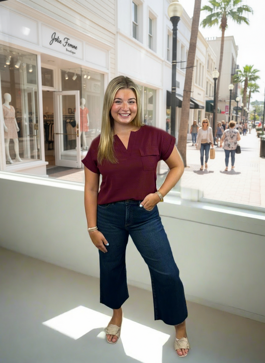 Split Neck Short Sleeve Top - Jolie Femme Boutique