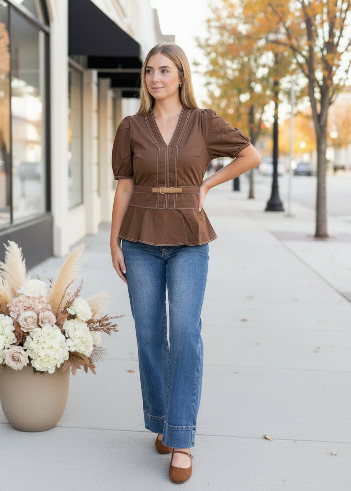 Brown Contrast Stich Peplum Top