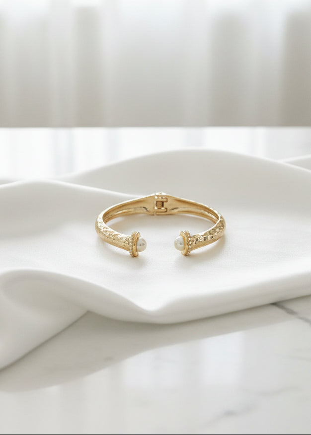 14K Gold Plated Hammered Pearl Cuff Bracelet