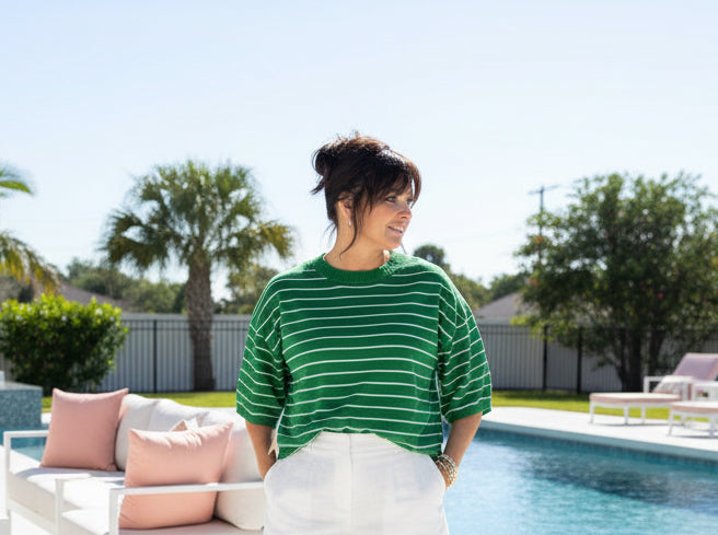 Green/White Stripe Short Sleeve Top - Jolie Femme Boutique