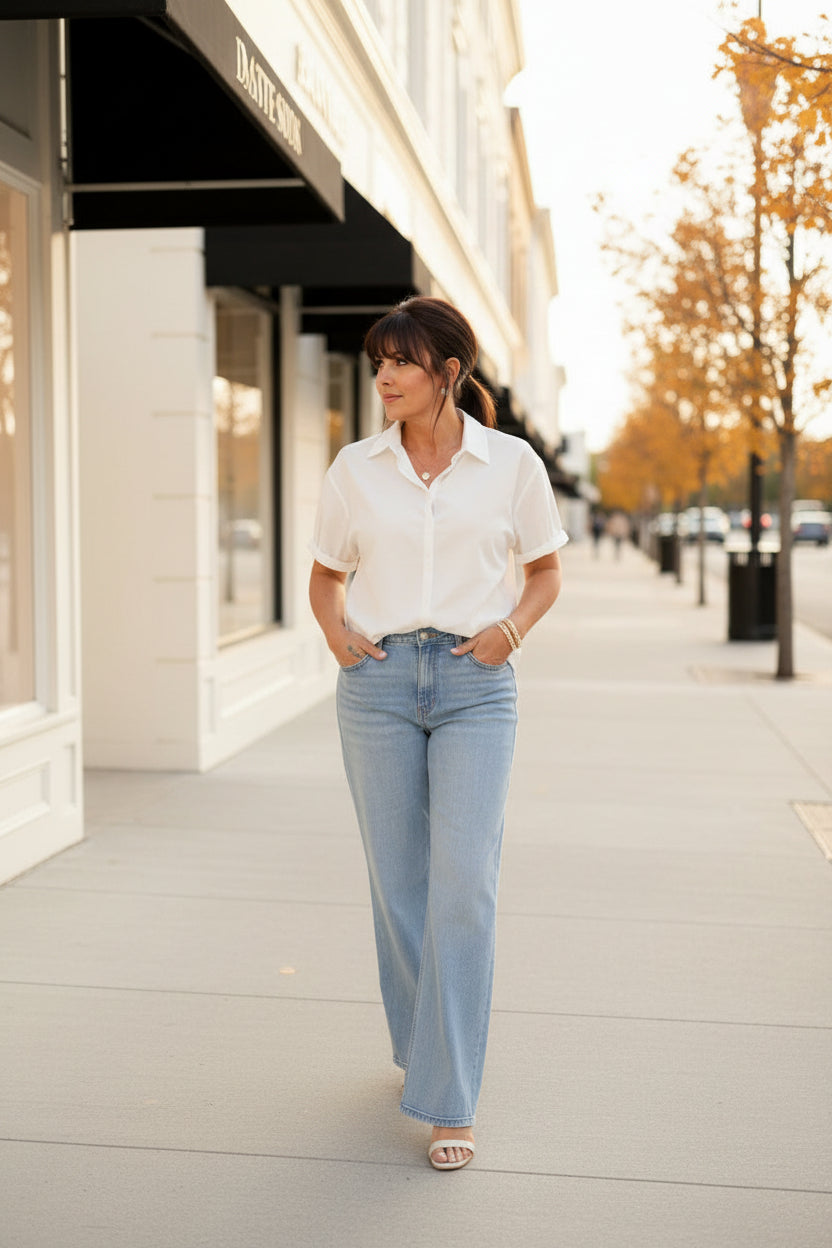 White Short Sleeve Button Down Top - Jolie Femme Boutique