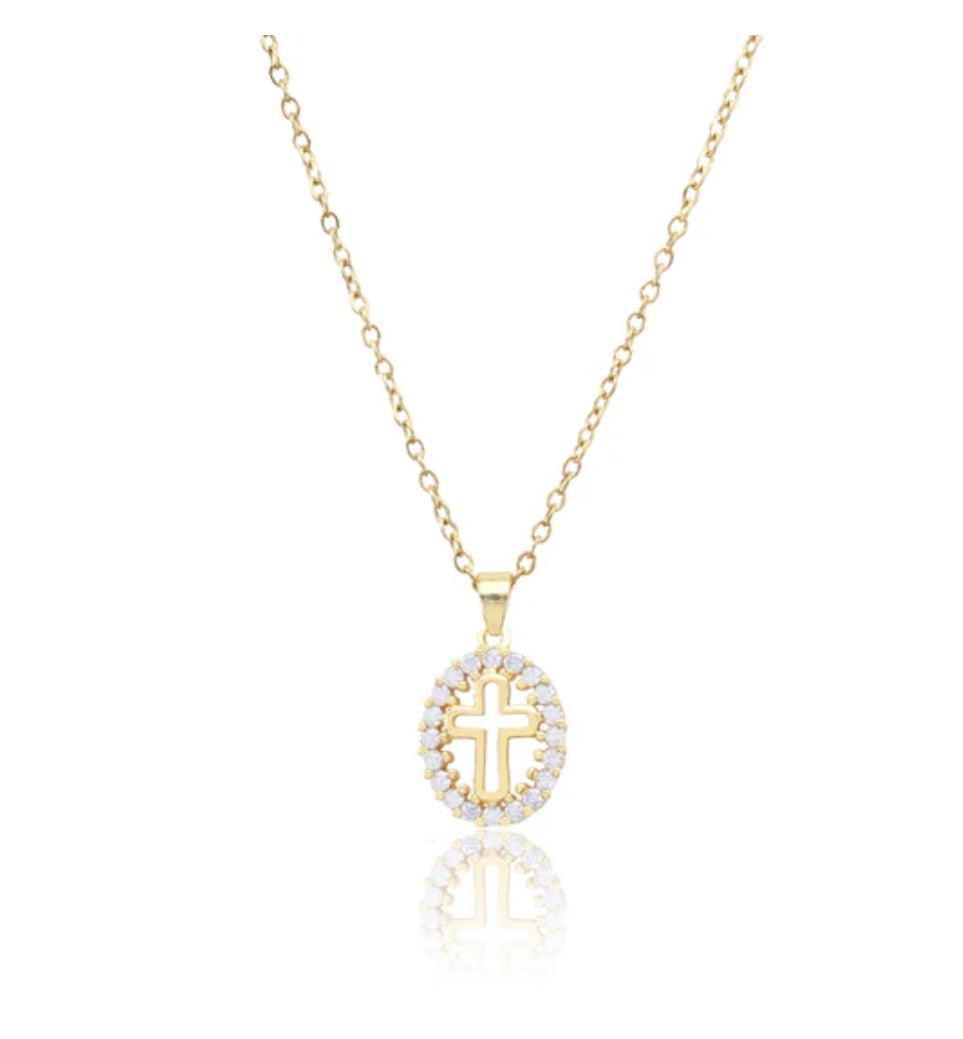 Waterproof Chain W/Rhinestone Circle & Cross - Jolie Femme Boutique