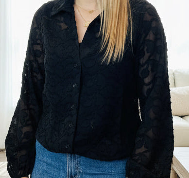 Black Jacquard Long Sleeve Button Up Top - Jolie Femme Boutique