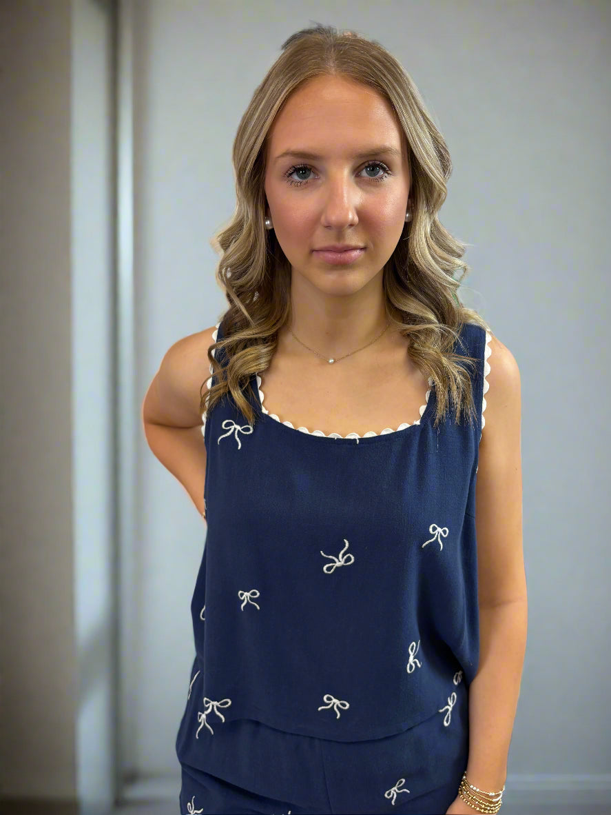 Ribbon Embroidered Linen Square Neck Top - Jolie Femme Boutique