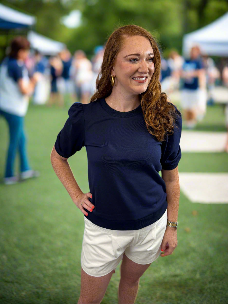 Navy Puff Sleeve Top - Jolie Femme Boutique